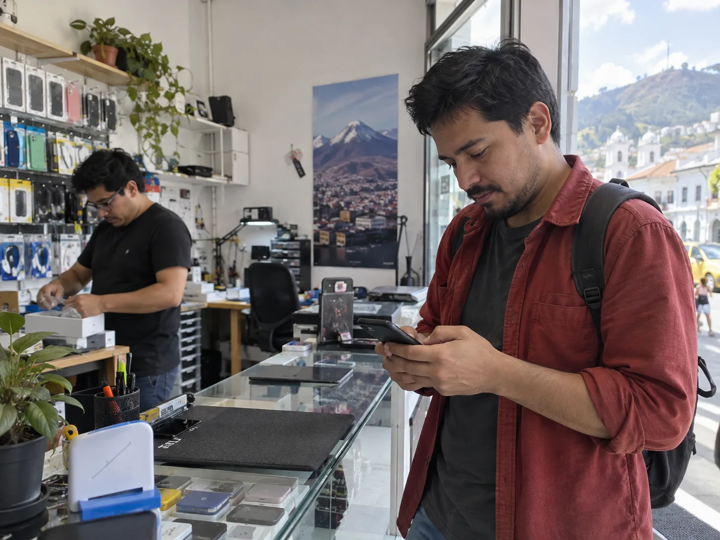 A small technology shop owner checks a customer message.