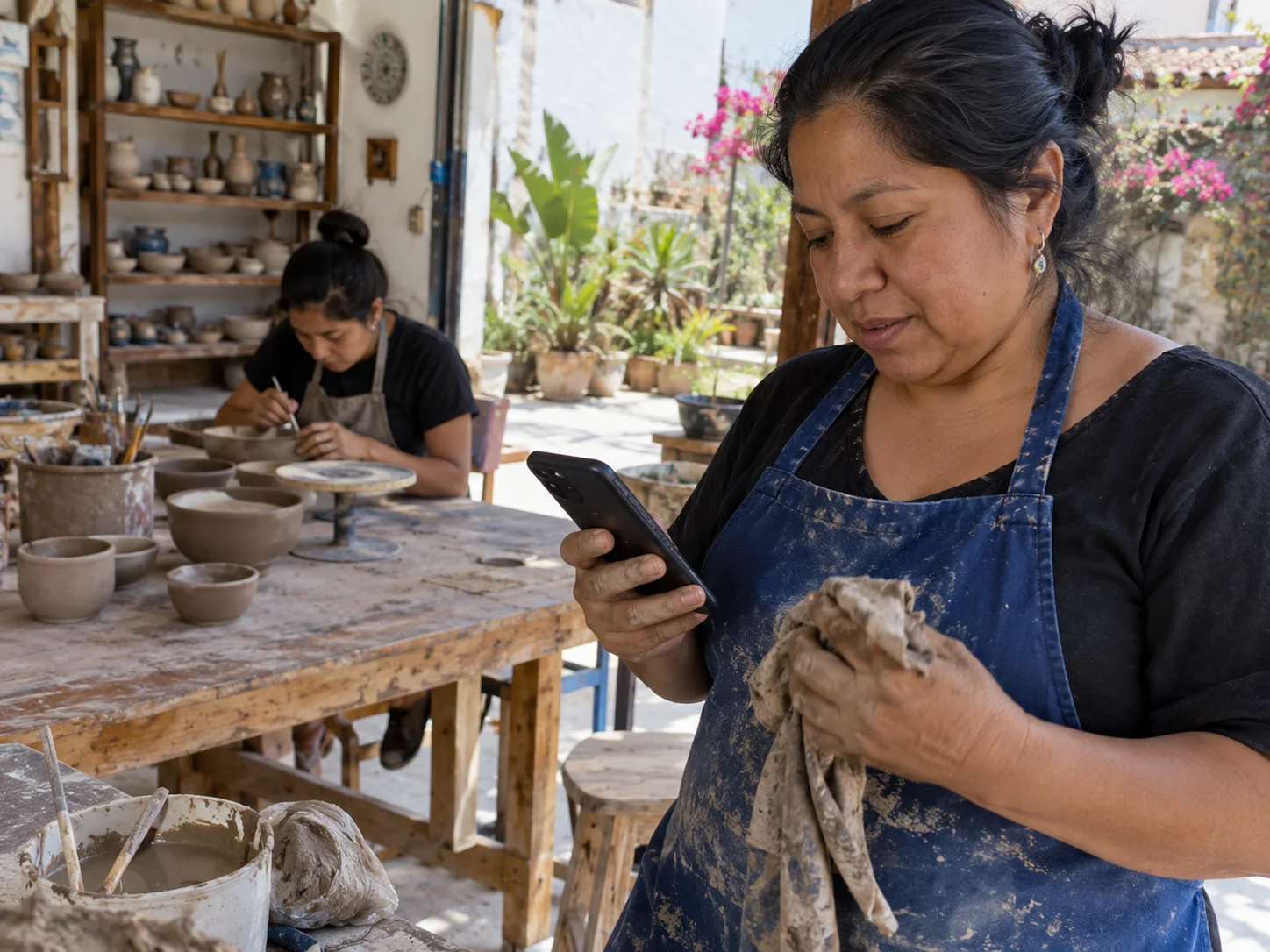 A pottery workshop owner checks a class question between tasks.