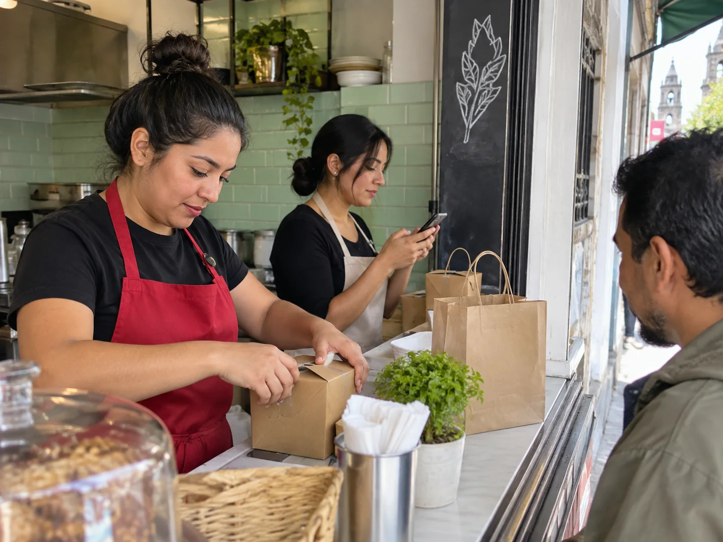 A lunch counter team handles orders during the owner’s break.