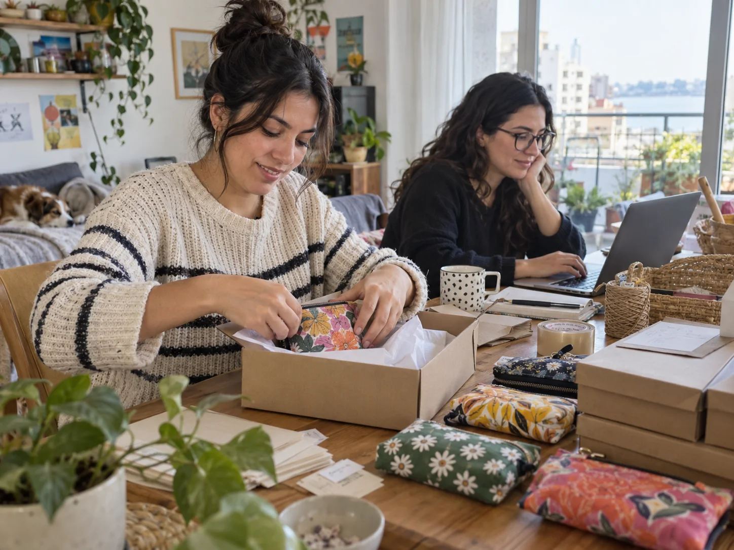 La dueña de una tienda en línea empaca un pedido en casa.