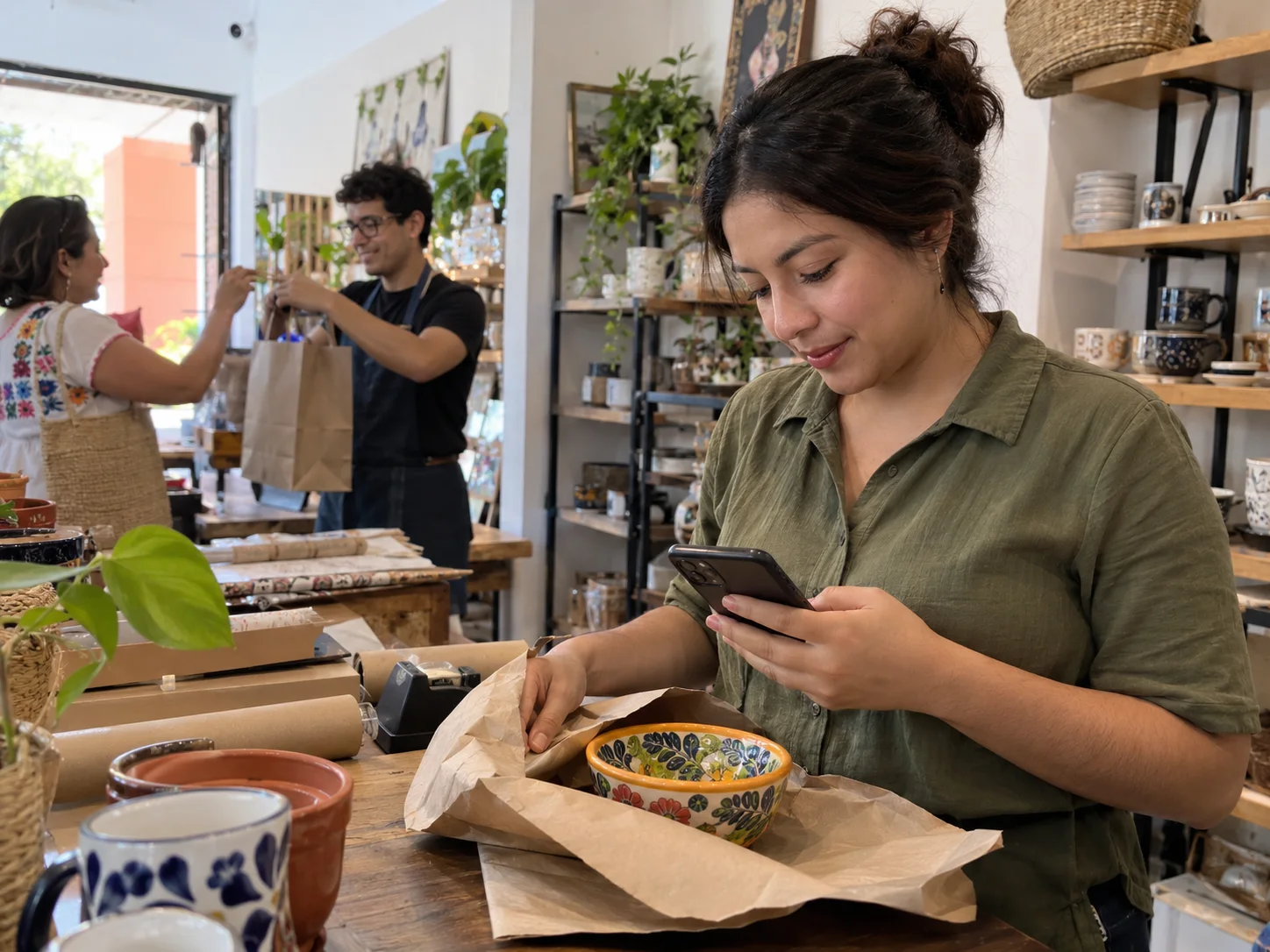 A homeware seller checks a pickup while wrapping a customer order.