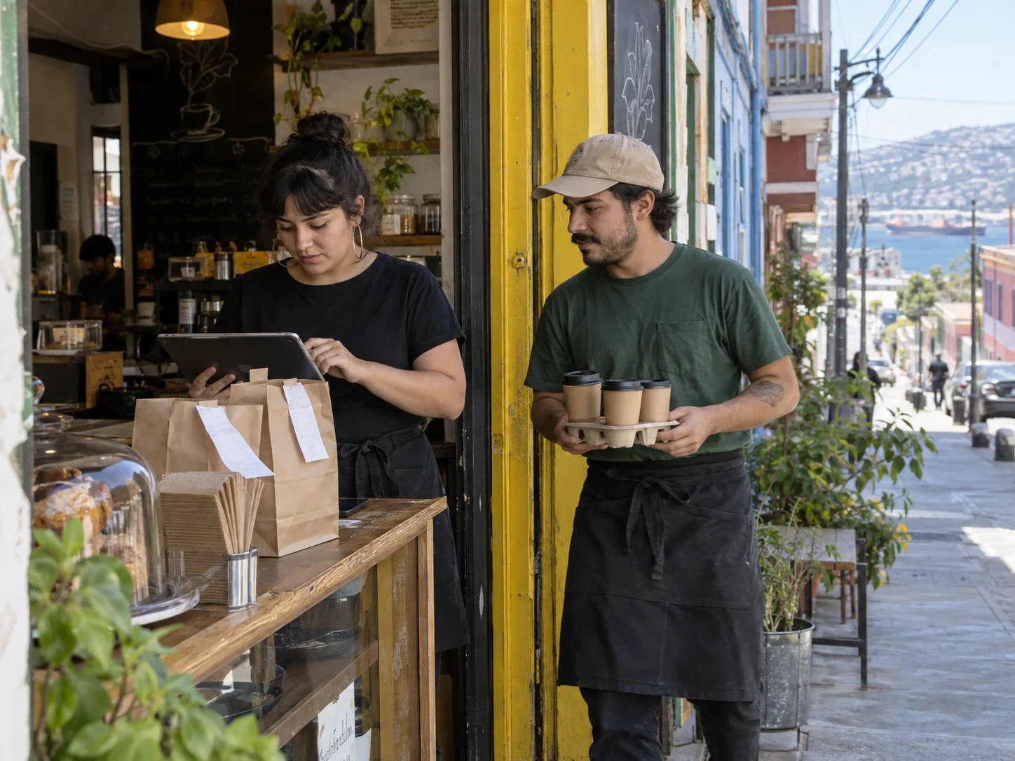 A café team coordinates takeaway orders at the counter.