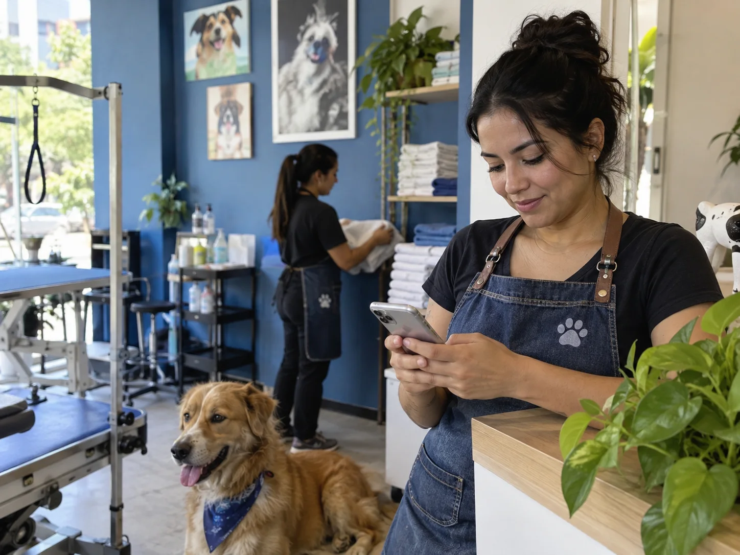 A pet-grooming salon owner checks the next customer booking.