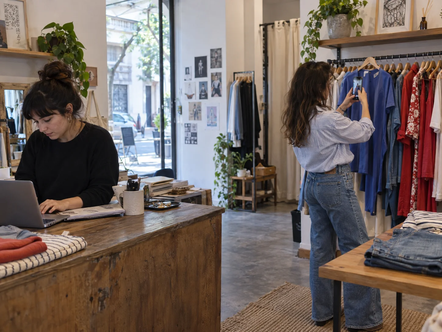 A small fashion shop team prepares a new collection for customers.