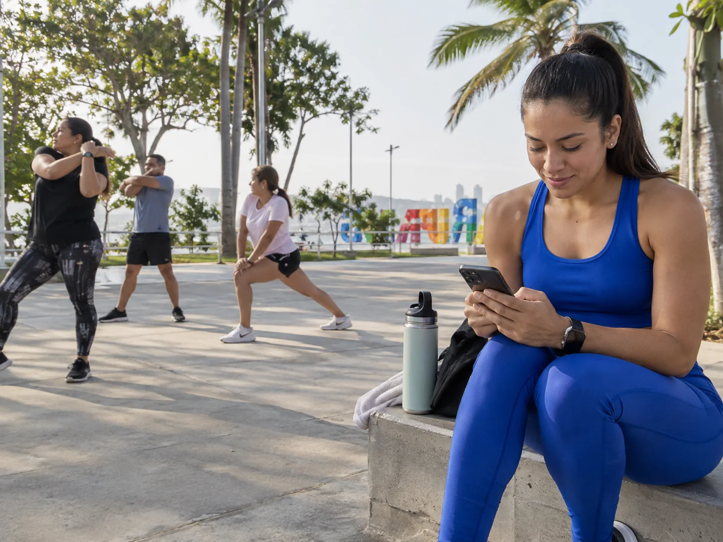 A fitness instructor prepares a message about an outdoor class.