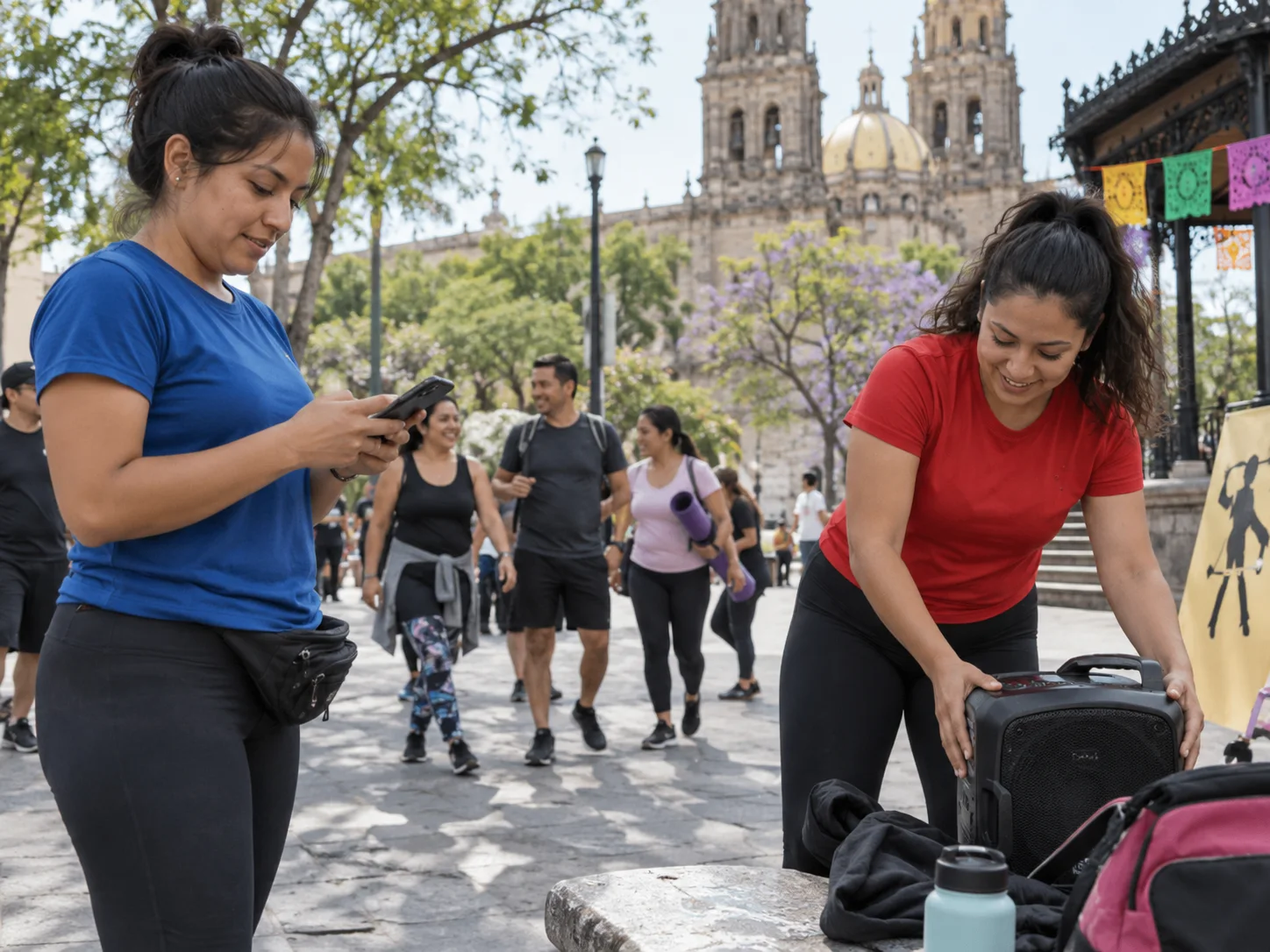A dance-school team prepares an outdoor community event.