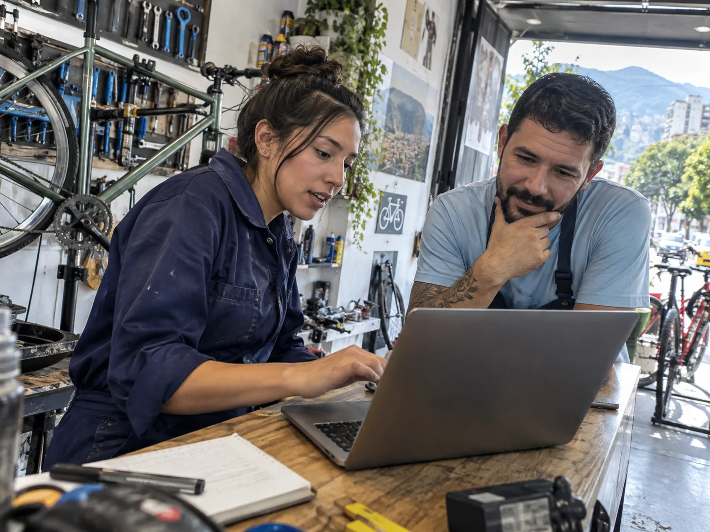 Two bicycle mechanics coordinate a customer pickup in their workshop.