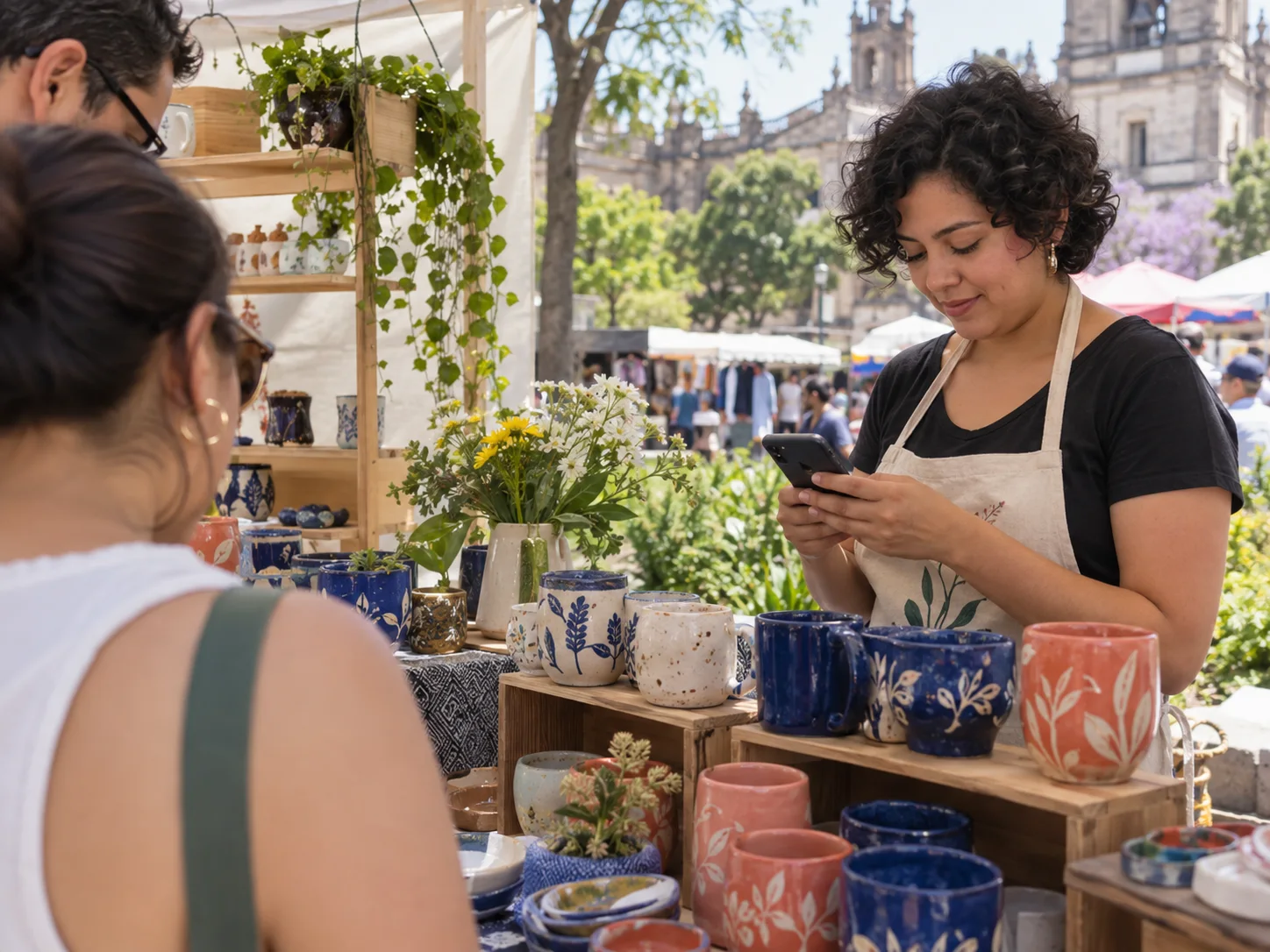 A ceramics seller checks a customer message at an outdoor craft market.