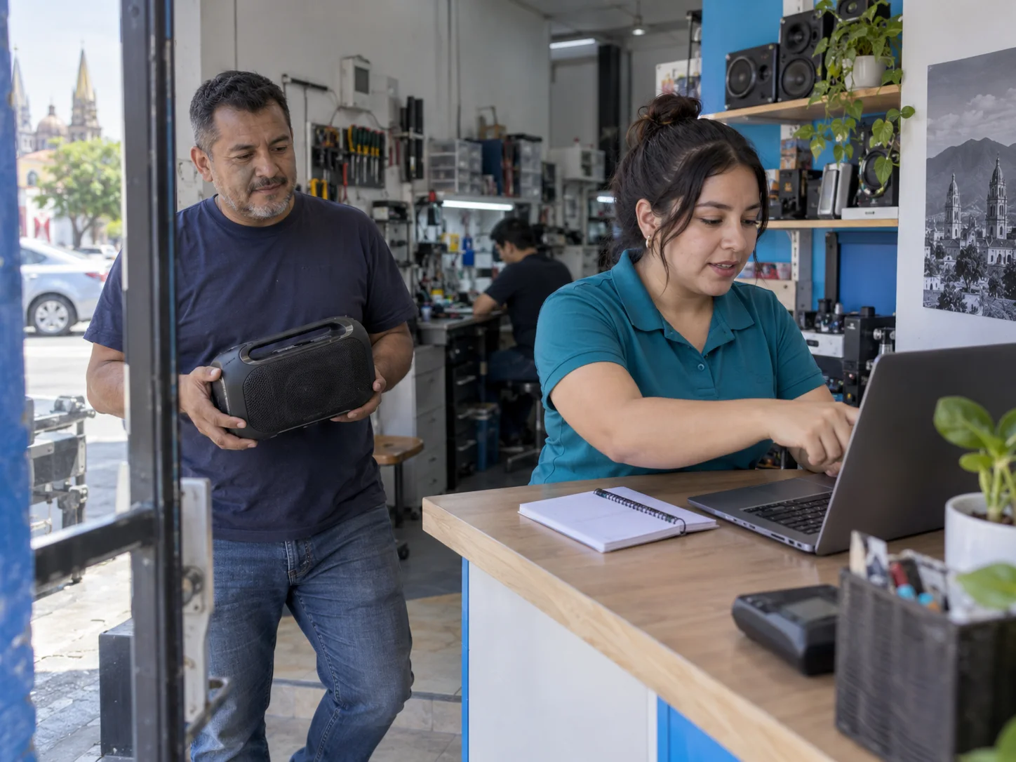 A repair shop team checks a customer pickup at the counter.