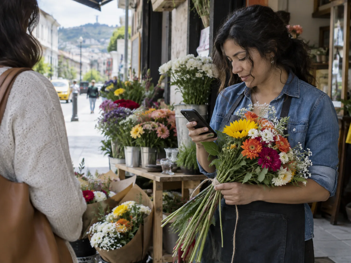 A florist checks a booking while arranging a customer bouquet.