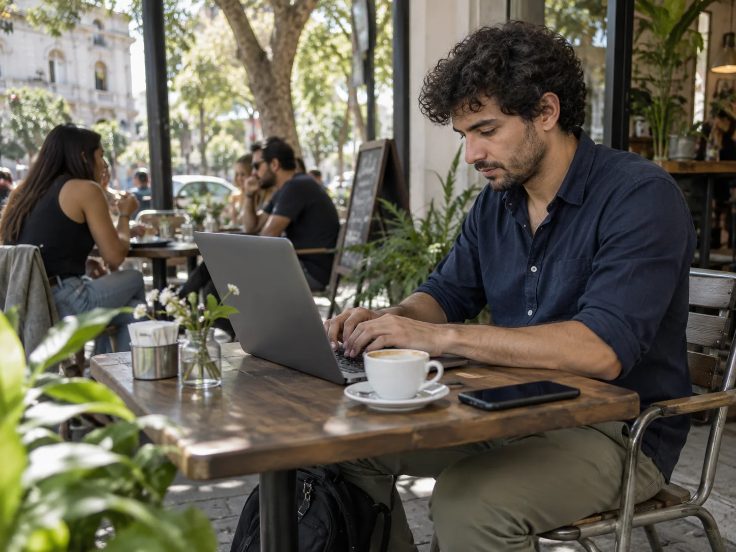 An independent developer reviews an integration from a café patio.