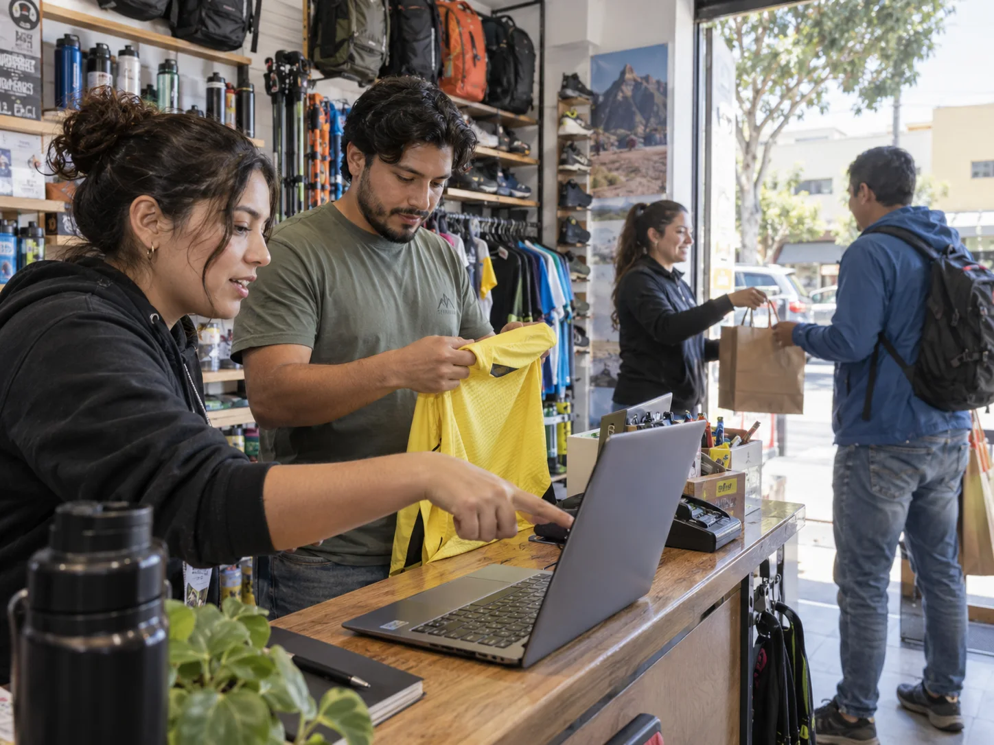 A sports shop team prepares a pickup order together.