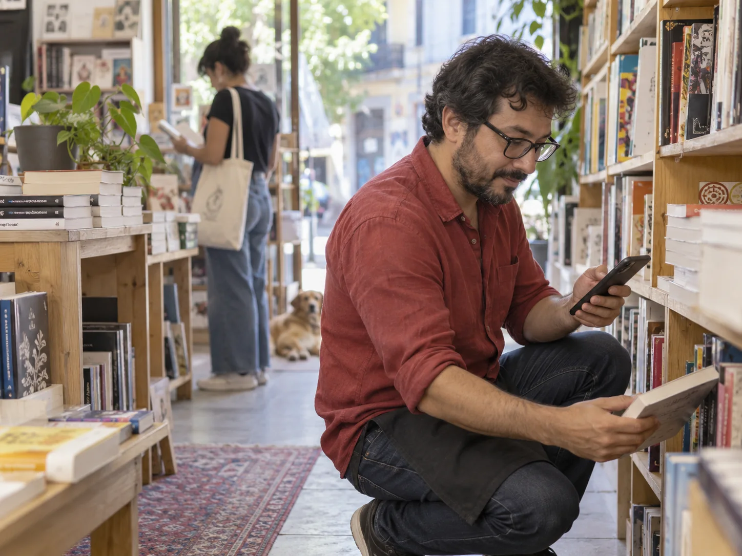 A neighborhood bookstore owner helps a customer with an order.