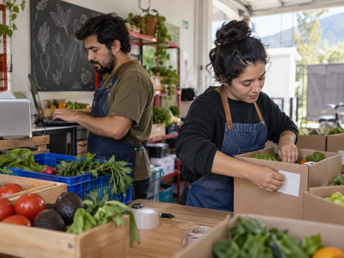 A small delivery team prepares customer orders with shared information.