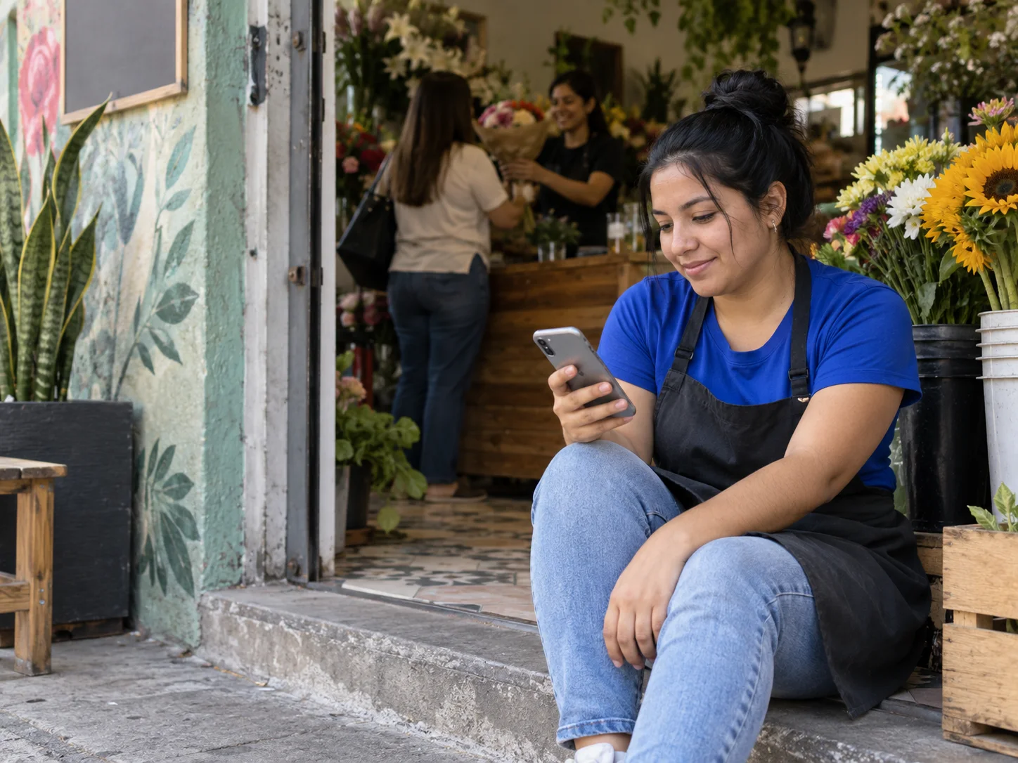 A florist takes a break while the shop keeps serving customers.