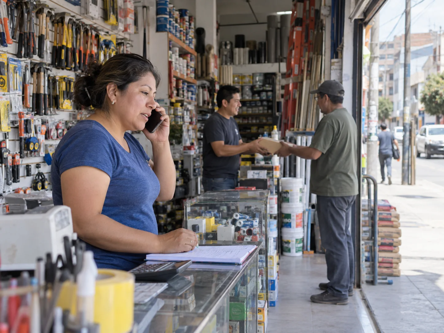 A hardware shop owner answers a customer call at the doorway.