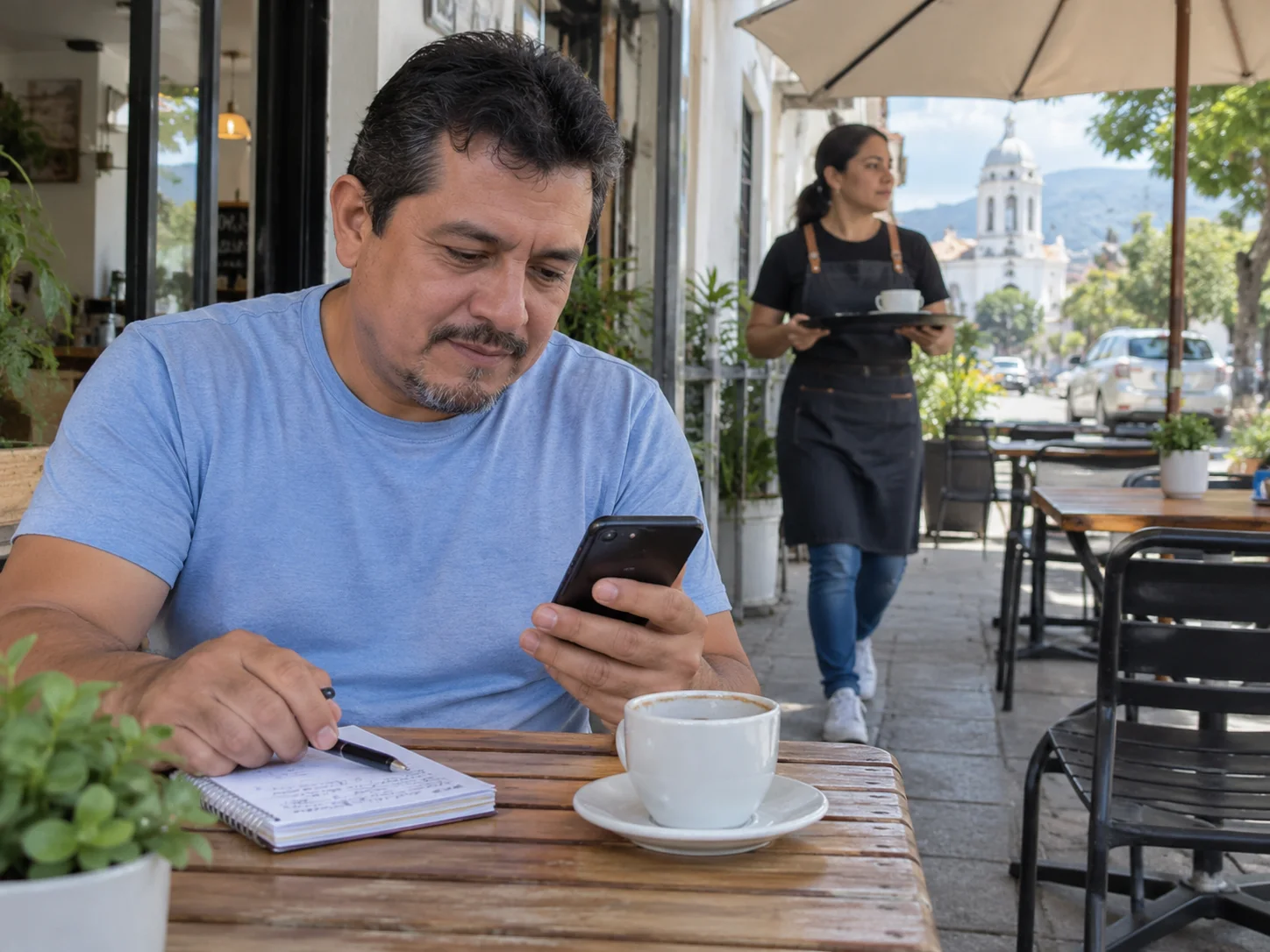 A café owner checks business costs between serving customers.