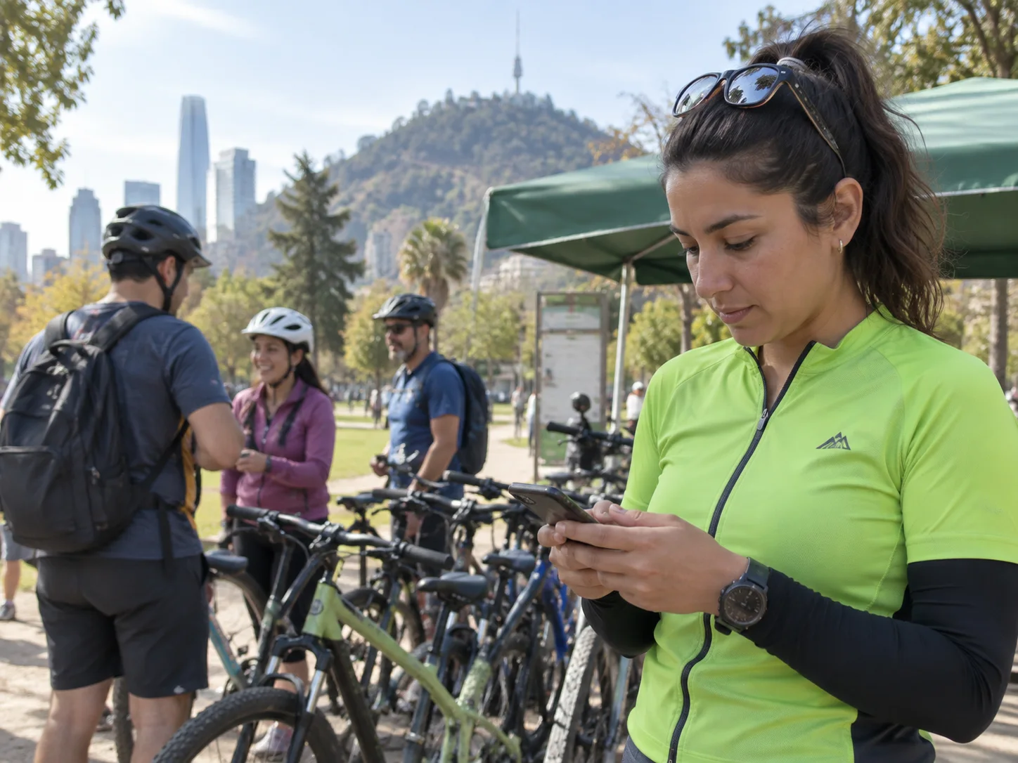 A cycling instructor checks the next group booking outdoors.