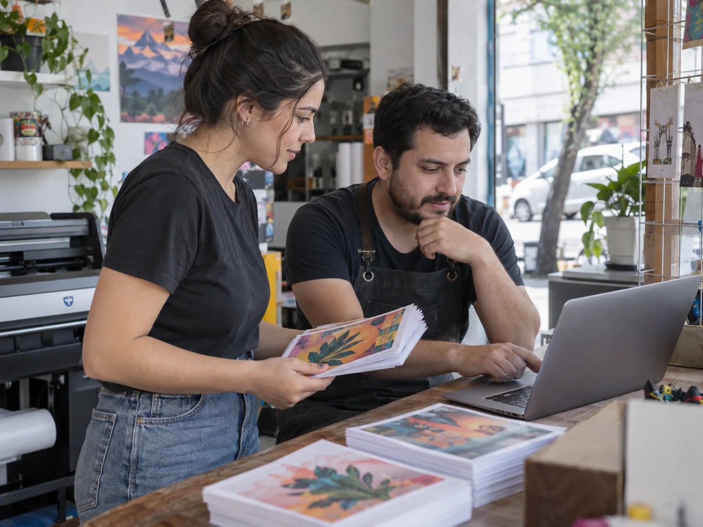 A print-shop team checks delivery details at the counter.