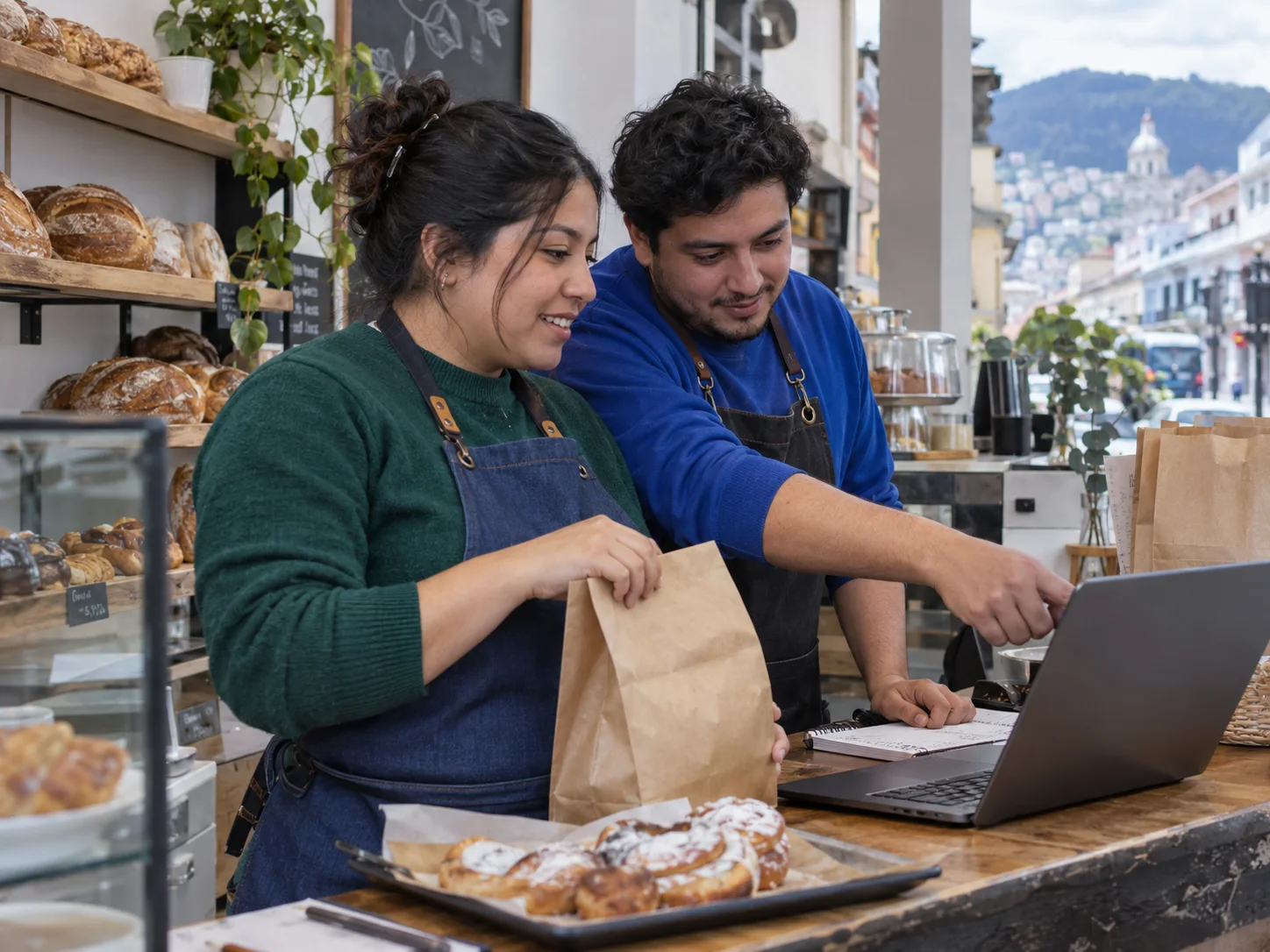 A neighborhood bakery team organizes customer pickups.