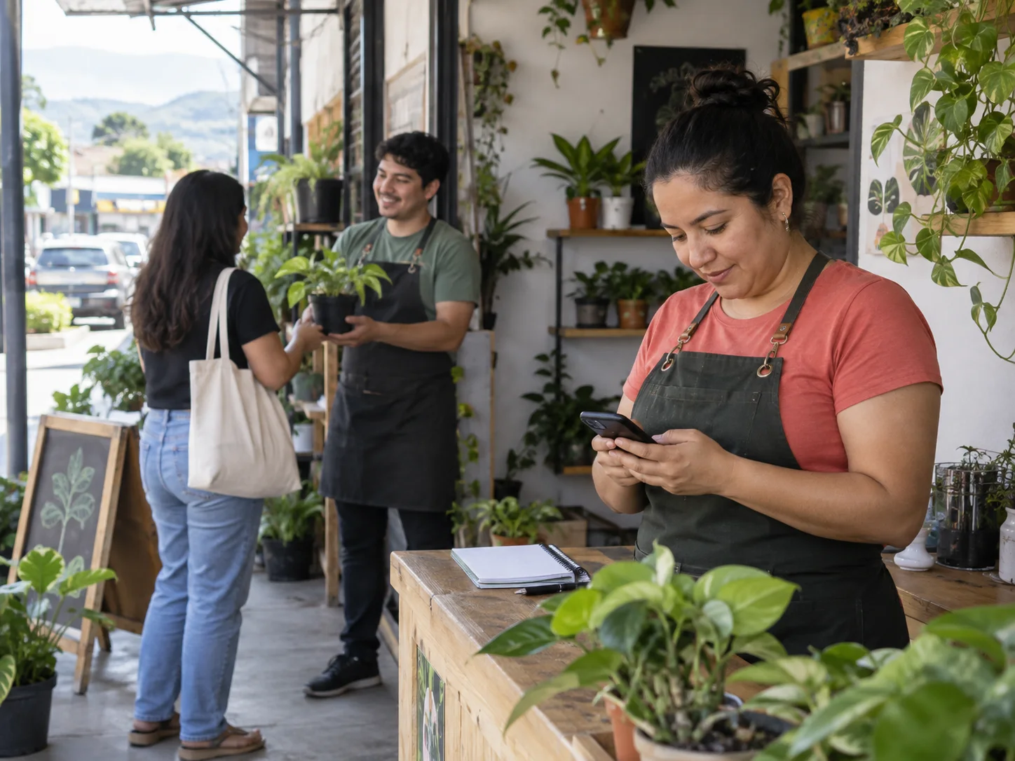 A plant-shop owner checks an order before a customer pickup.