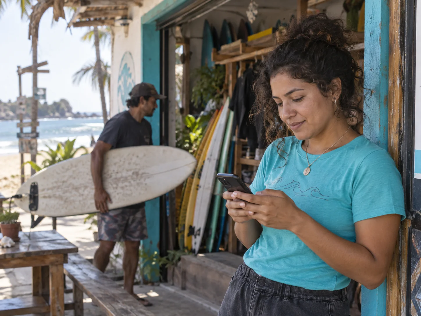 A surf-shop owner checks the day’s rental bookings.