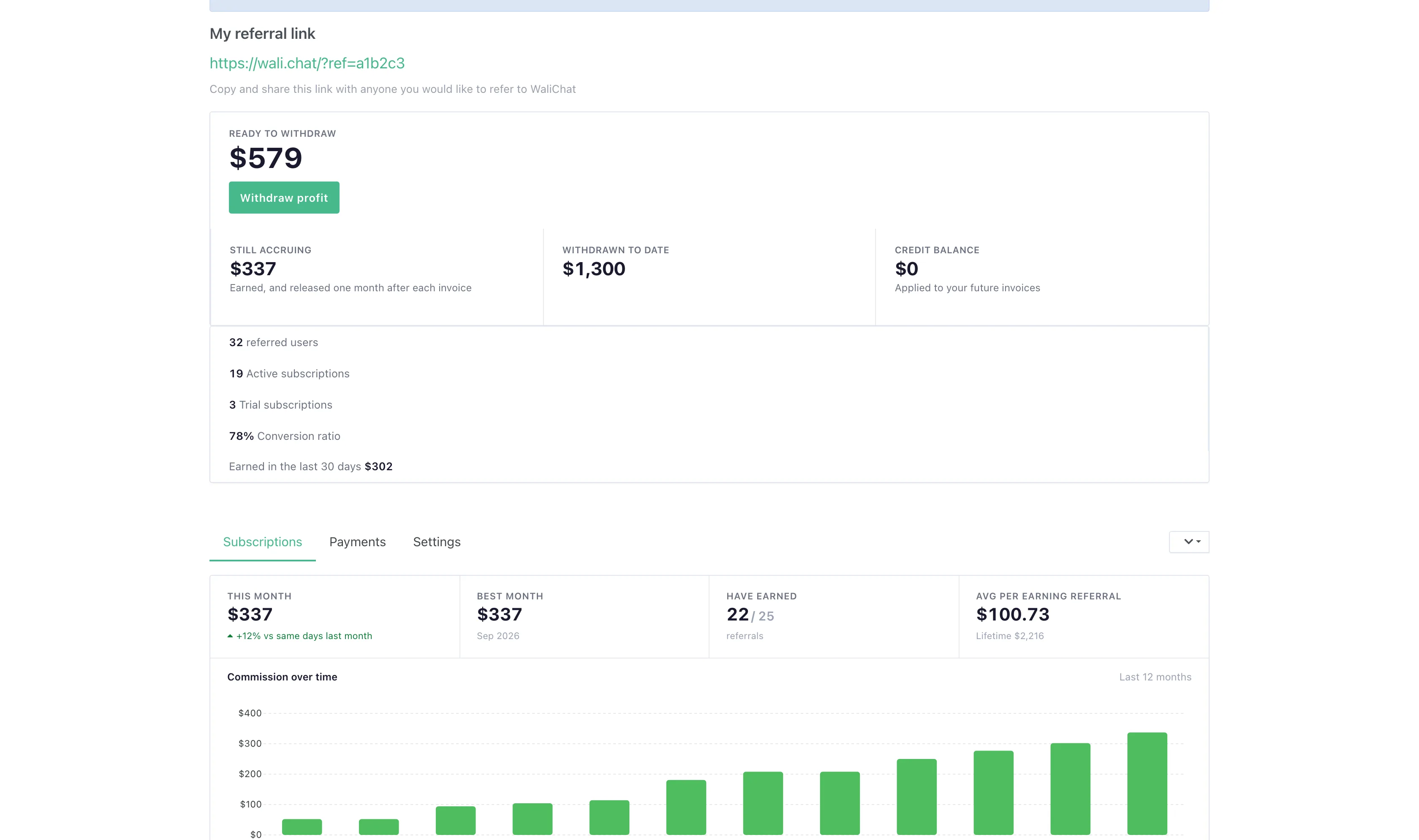 Referral Program dashboard with the personal referral link, the balance ready to withdraw and the amount still accruing