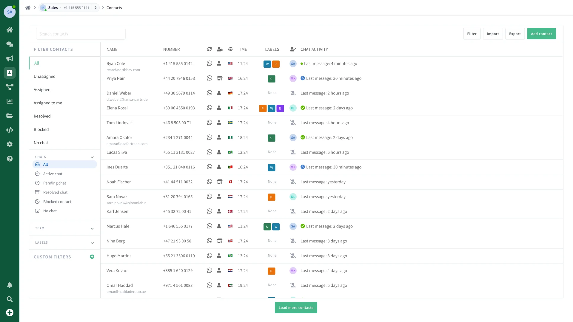 The contacts list in WaliChat, with numbers, labels and the last message on each row