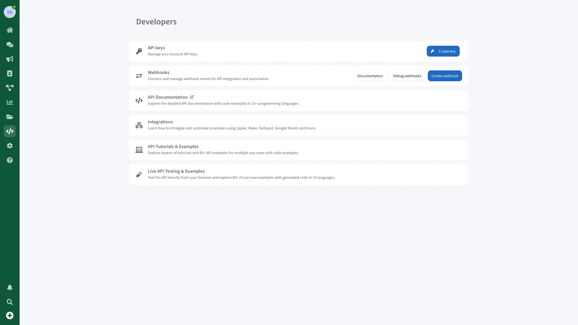 The developers page in WaliChat, with API keys, webhooks, the API reference and the live tester