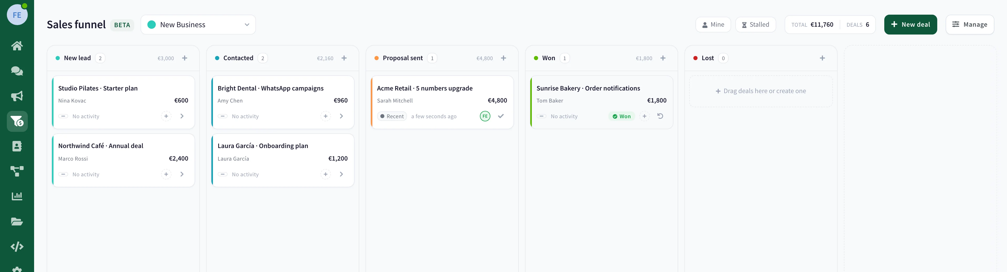 The sales funnel board in WaliChat, with deals in the new lead, contacted, proposal sent and won columns