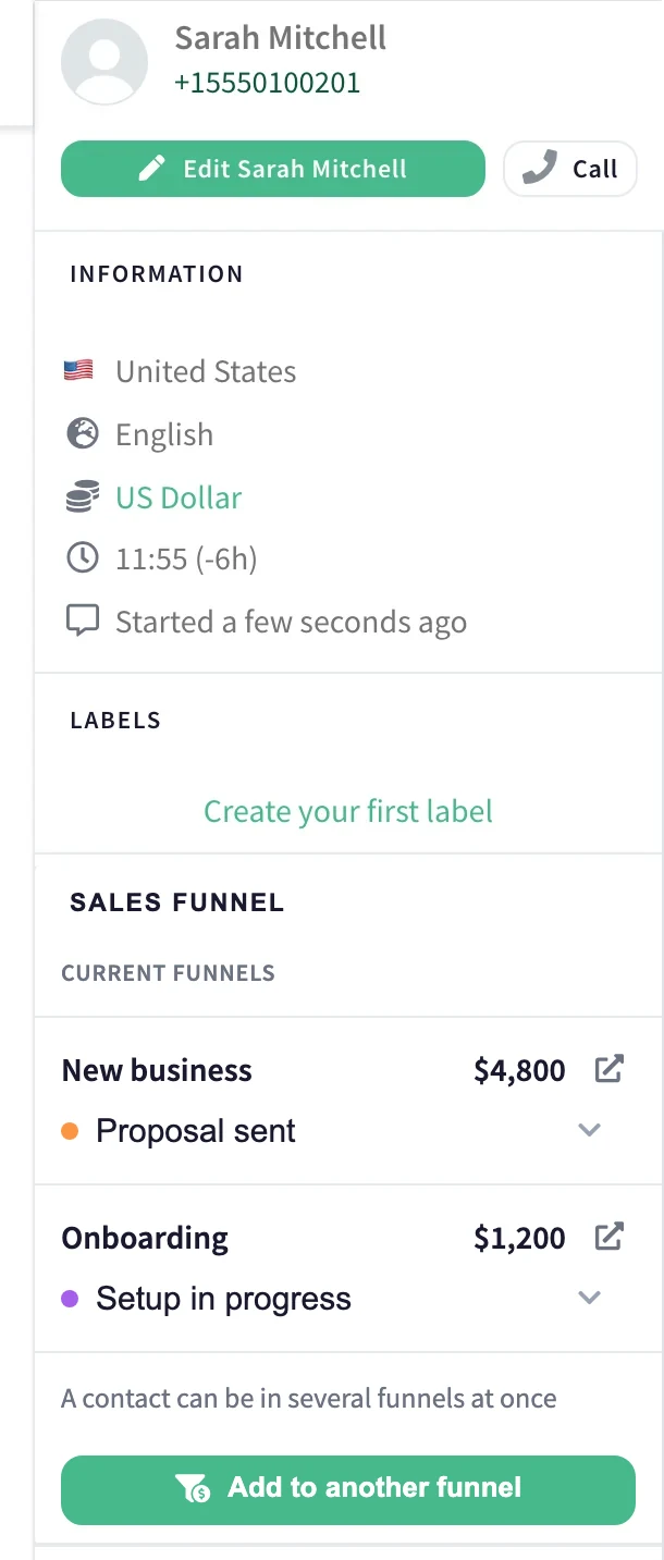 The contact panel beside a chat, showing the Sales funnel block with the two funnels the contact is in, each with its amount and its stage, and an Add to another funnel button