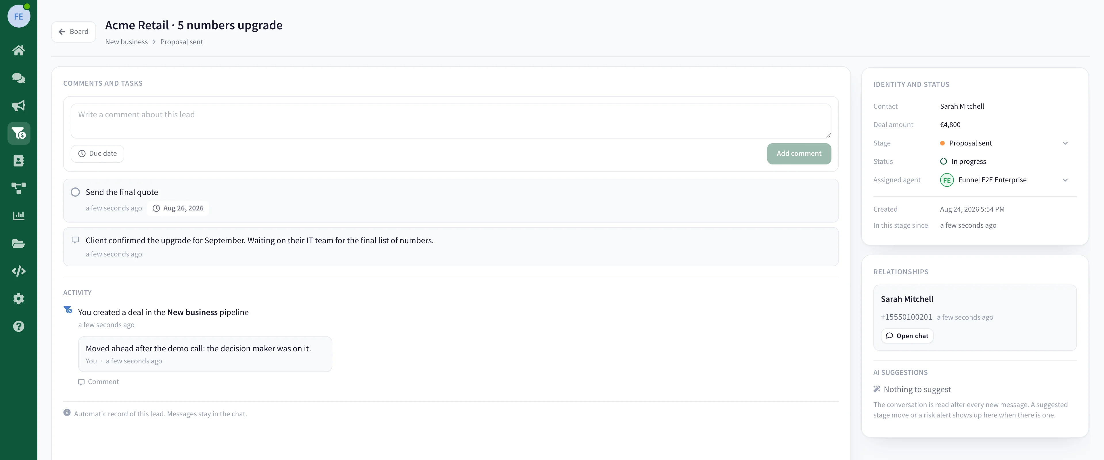 A deal record: comments and tasks on the left with the activity trail below them, and the identity, status and suggestion panels on the right