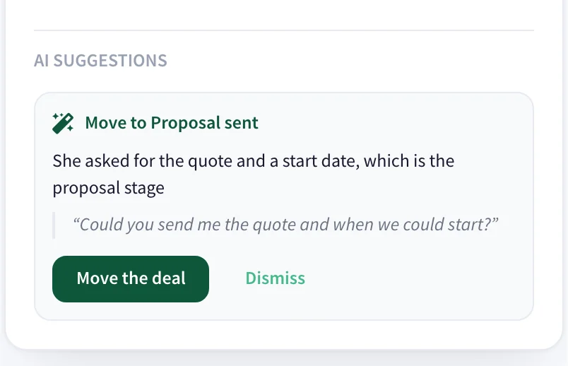 A suggestion on a deal record: move to Proposal sent, a one-sentence reason, the quoted customer message, and the Move the deal and Dismiss buttons