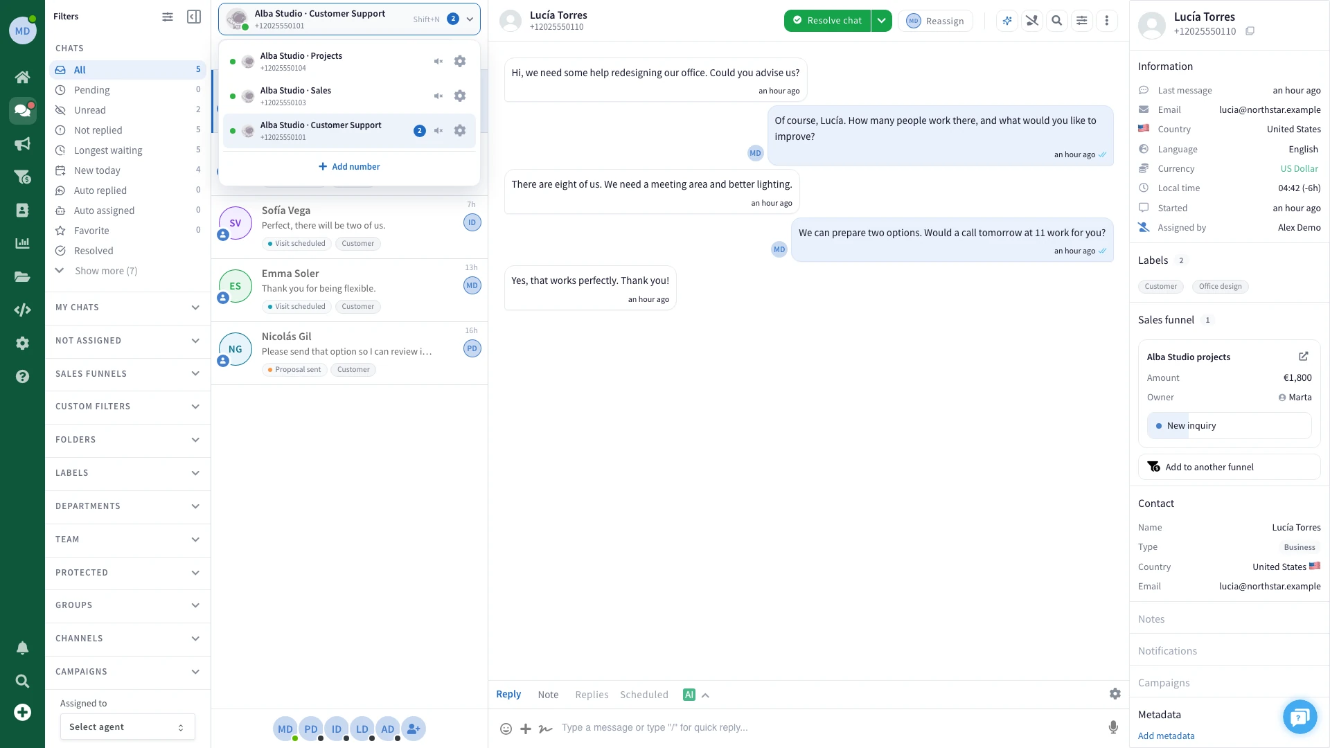 Every number the business answers on, in one inbox.
