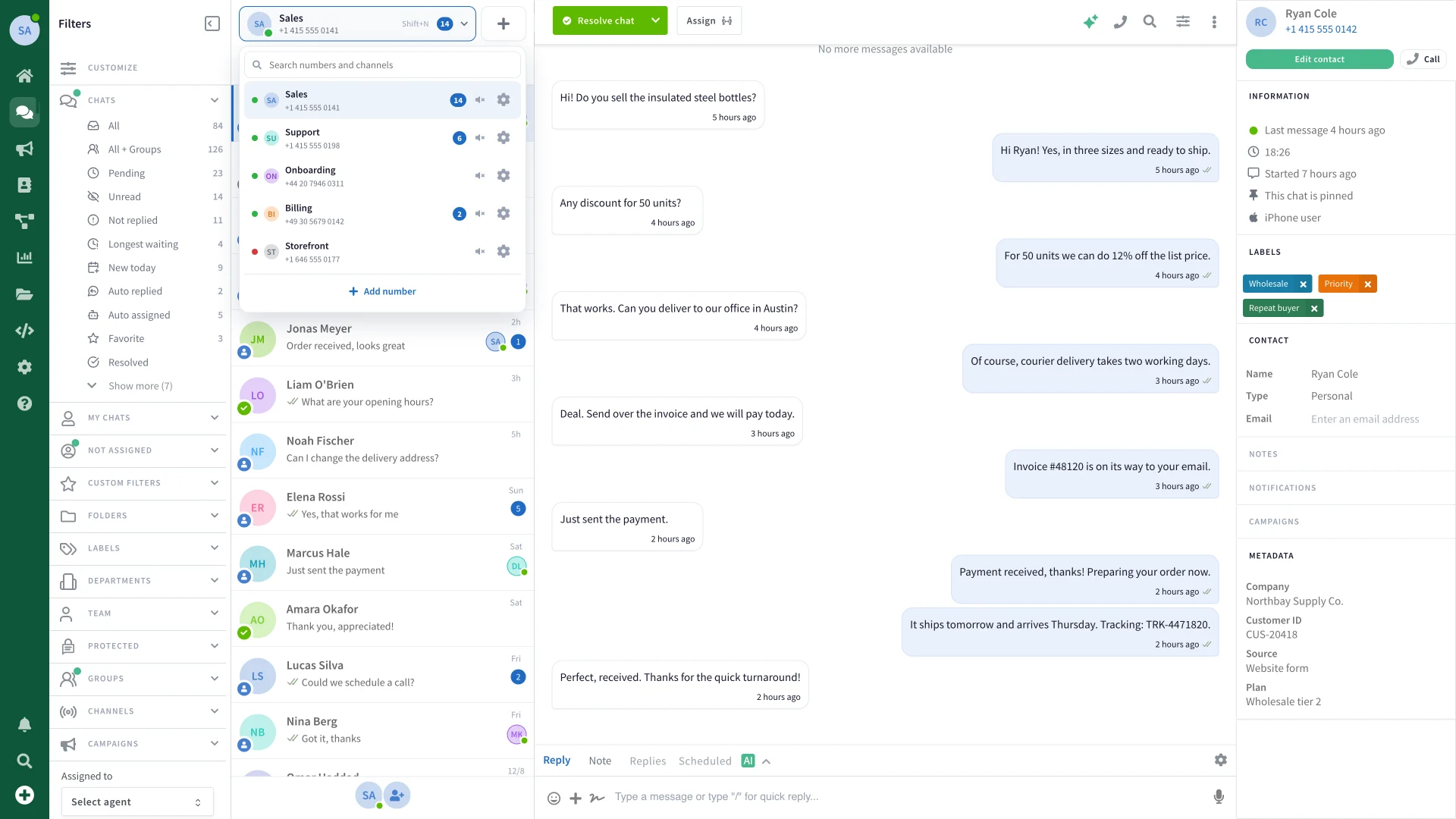 The number switcher open in the WaliChat inbox, listing sales, support, onboarding, billing and storefront lines