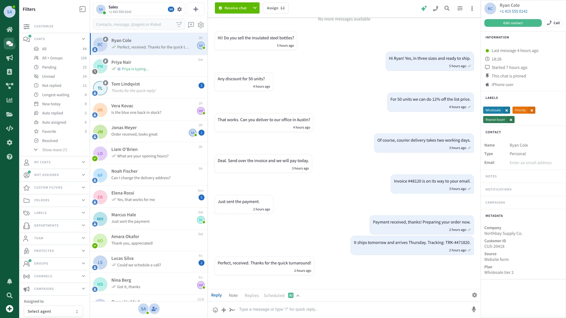 The WaliChat shared inbox: the chat list, an open conversation and the customer record beside it